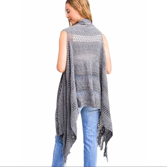 Sleeveless Gray Crochet Asymmetric Open Front Fringe Vest - NEW - Picture 1 of 4